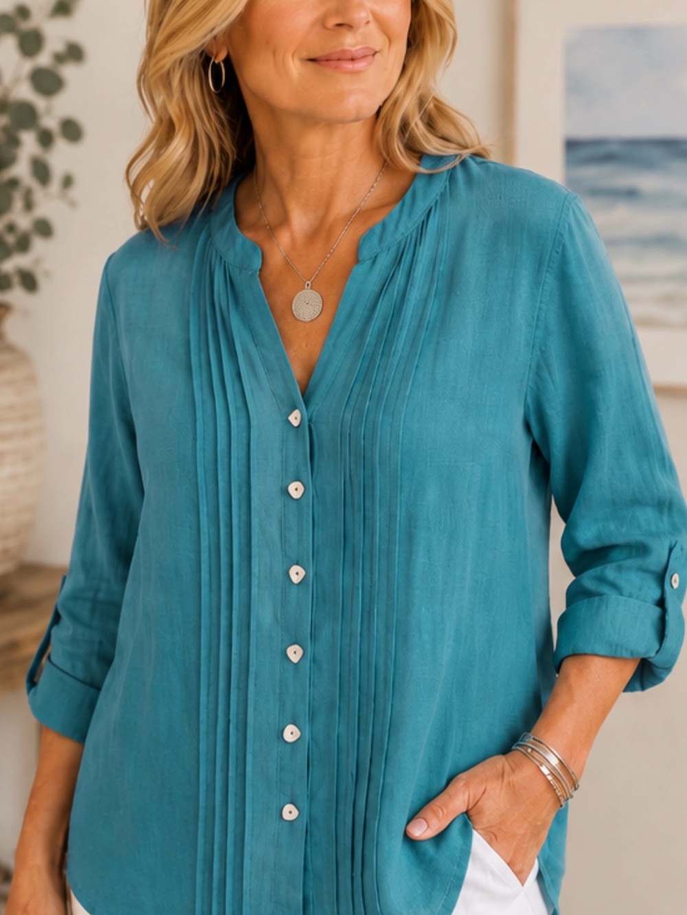 Fridaze Aqua Teal 100% Linen Pintuck Button Front Blouse Size S Coastal Chic